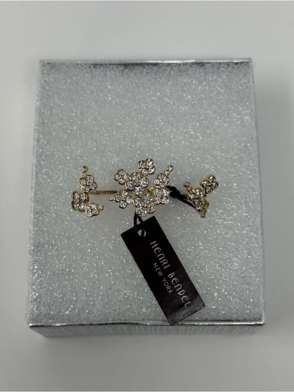 Henri Bendel double gold , petal cluster,crystals, size 4